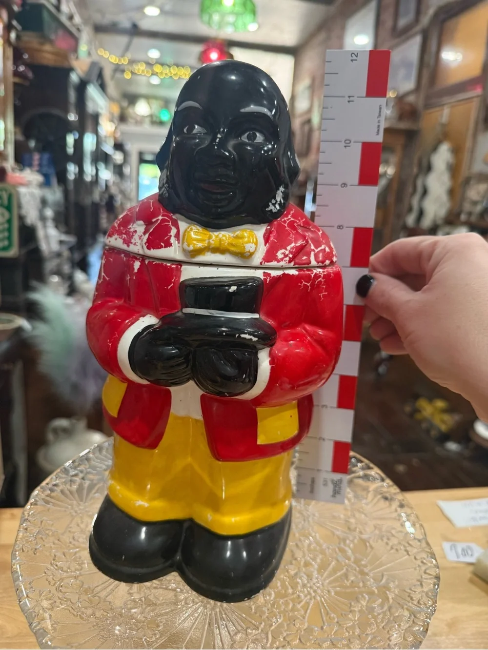 Vintage Black Ceramic Uncle Butler Cookie Jar - Red Jacket, Yellow Pants